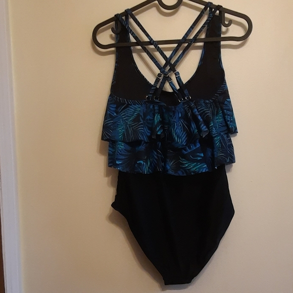 NWT Ocean Blues Blue Palm Leaves Print One Piece Swimsuit - Picture 9 of 14